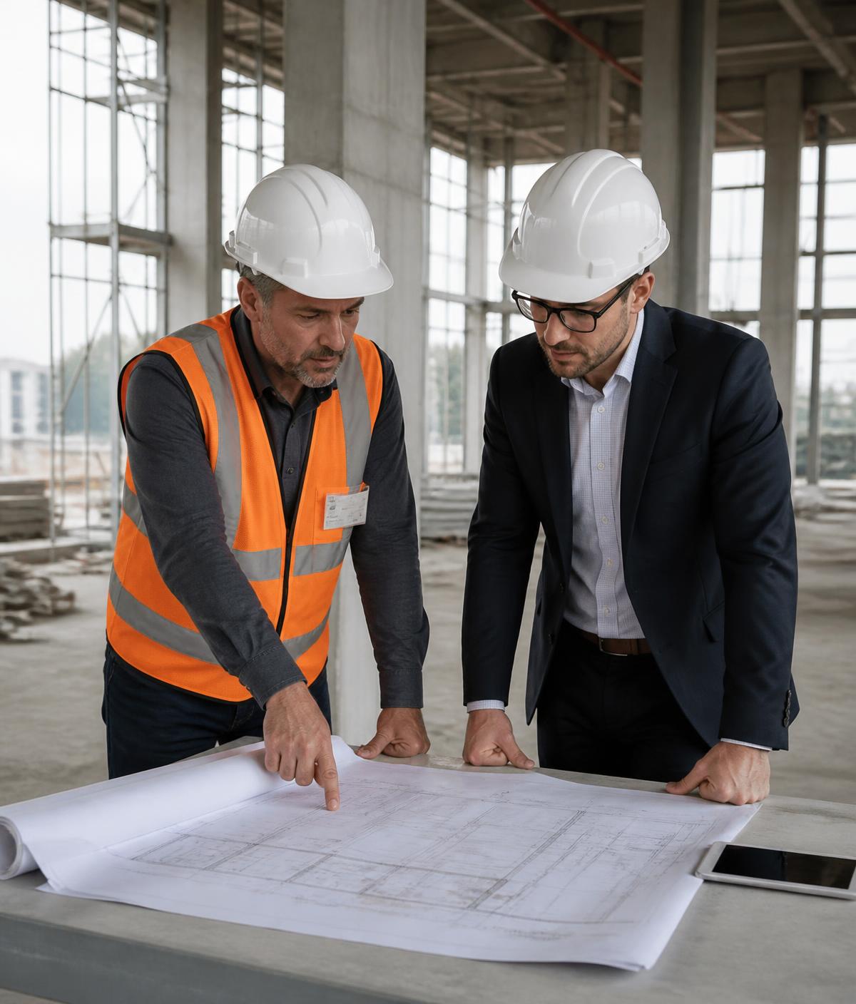 Site superintendent and project engineer reviewing blueprints on a job site